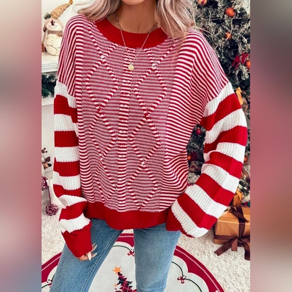 🩵🅰️NWOT Red & White Striped Knit Long Sleeve Sweater Large - Picture 13 of 16
